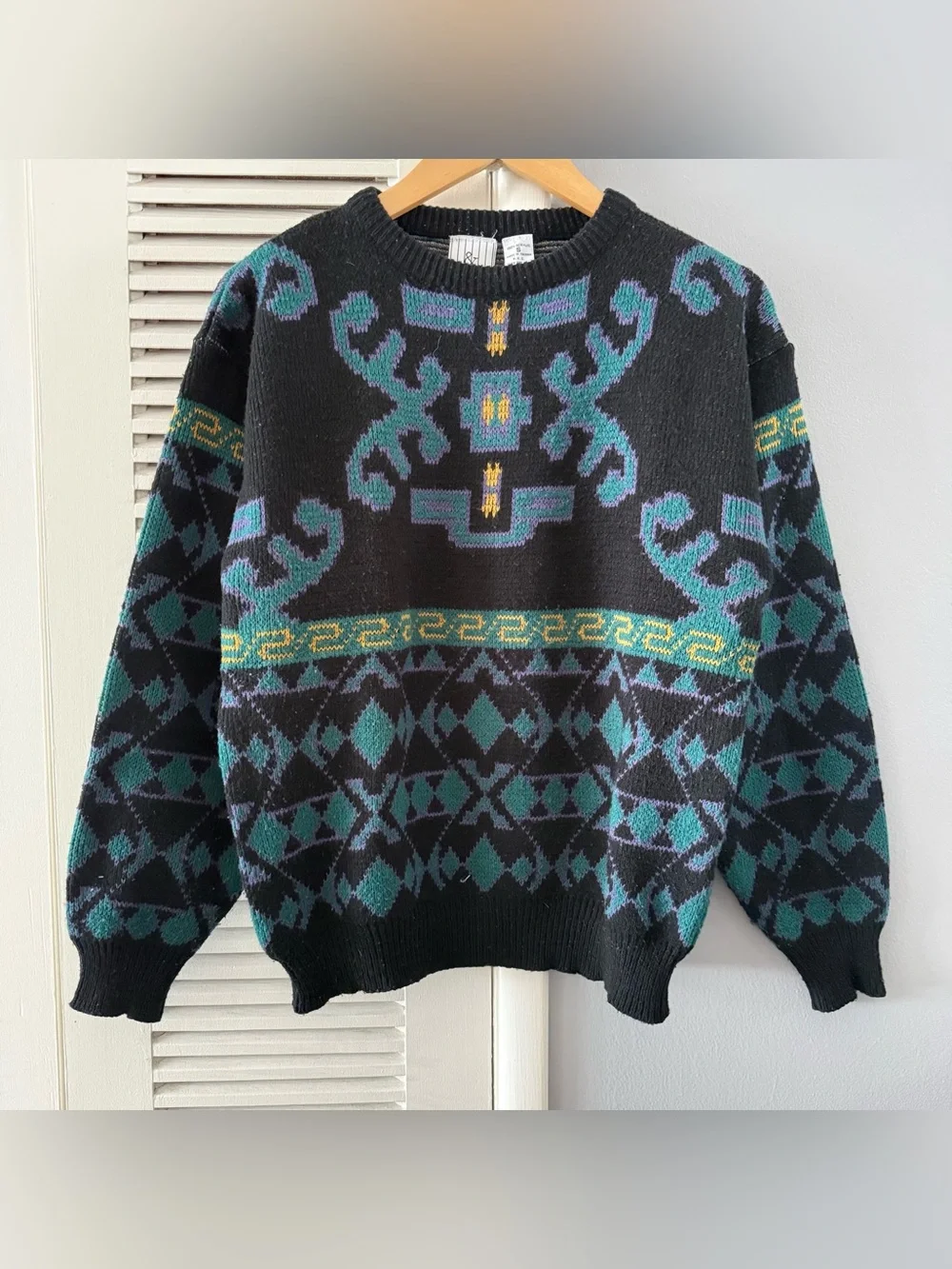 Vintage 80’s 90’s & Company Geometric Aztec Teal Black Knit Sweater Sz Small